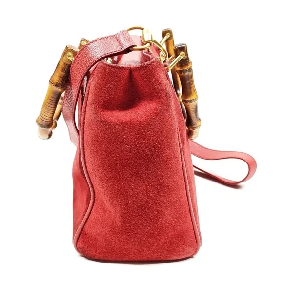 Gucci Red Suede and Leather Handbag with Bamboo Handle - Picture 3 of 9